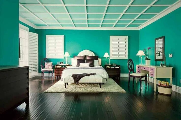 Потолок и стены одного цвета в интерьере Black and Teal Bedroom Teal bedroom, Bedroom color schemes, Bedroom colors