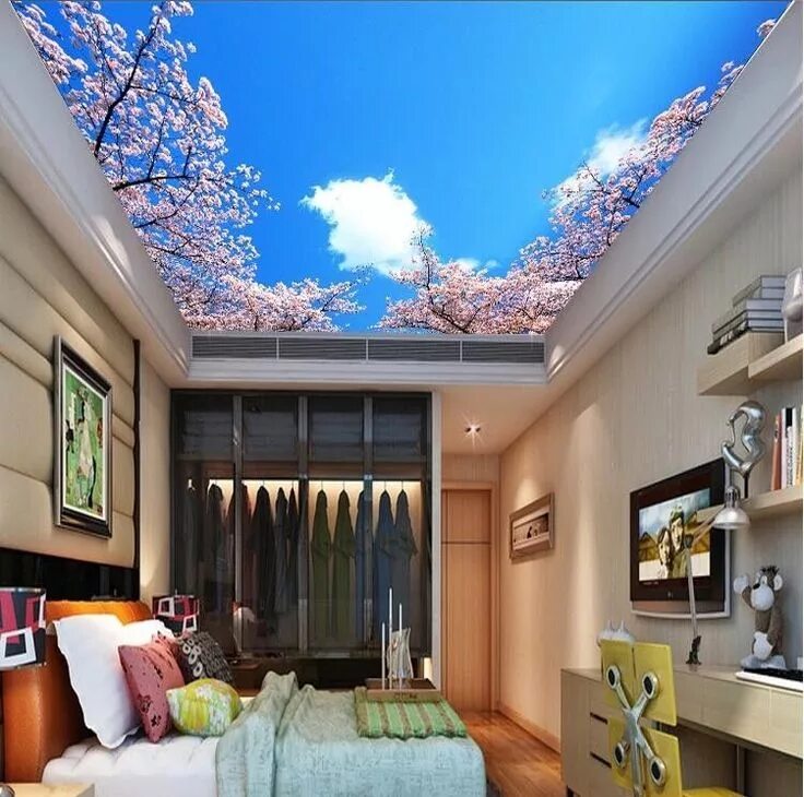 Потолок интересные идеи фото 3D Wallpaper Mural Cherry sky clouds Blossom Ceiling Wall Paper Background Foto 