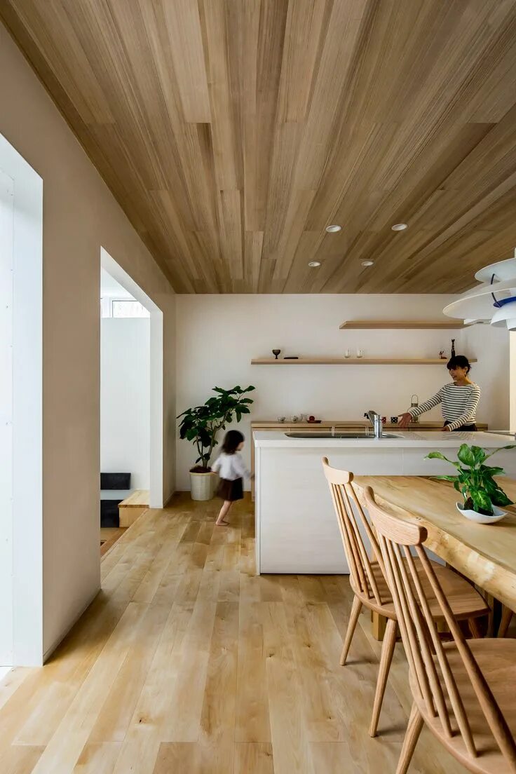 Потолок из ламината в интерьере фото A tree grows up from the garden inside this house in Japan's Shiga prefecture, w