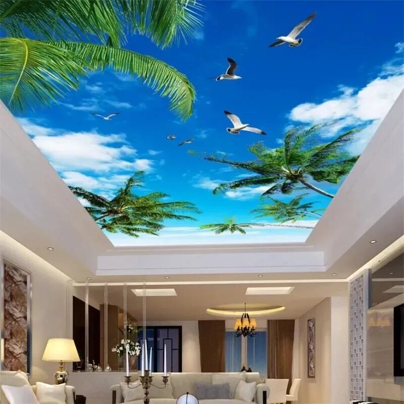 Потолок каталог фото Waterproof 3D Tree Blue Sky White Seabird Ceiling Wallpaper For Home Decoration 