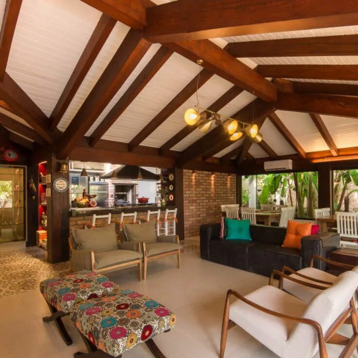Потолок на террасе фото варианты отделки Espaço gourmet tem piso estampado que parece tapete Barn style house, Cabanas rú