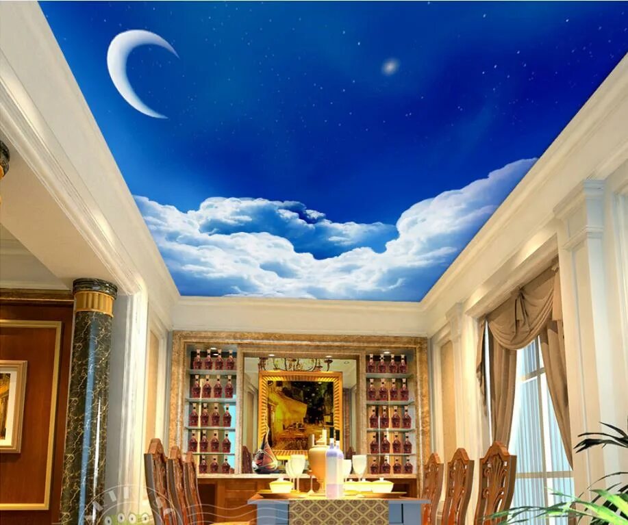 Потолок небо с облаками фото European Wallpaper Blue sky white clouds crescent star 3D Sky Ceiling Mural Deco