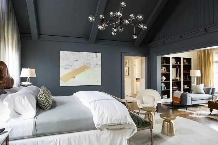 Потолок темнее стен в интерьере Dark Gray and Gold Bedroom with Vaulted Ceiling - Contemporary - Bedroom