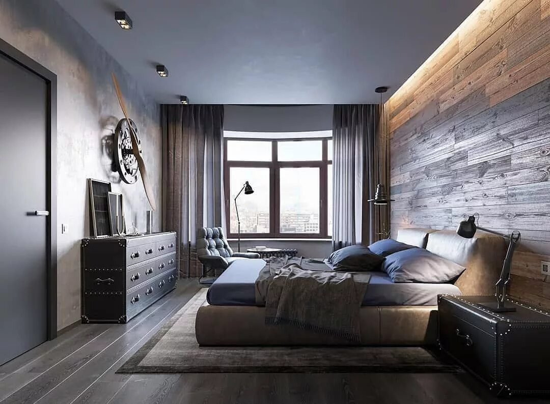 Потолок в стиле лофт в спальне Obraz może zawierać: w budynku Modern bedroom interior, Loft interiors, Minimali