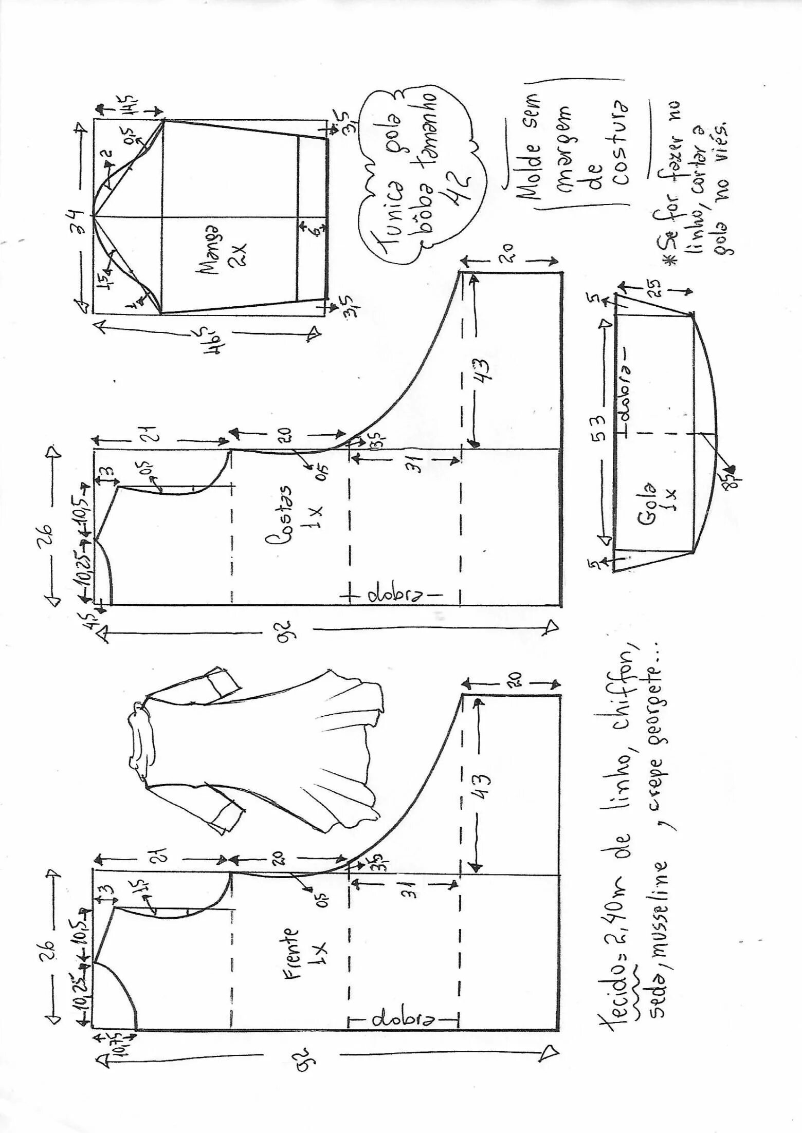 Потыкова выкройки Túnica gola boba manga 3/4 - DIY - molde, corte e costura - Marlene Mukai T shir