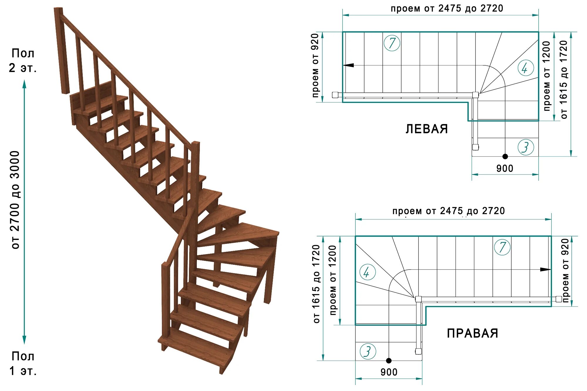 Поворотная лестница на второй этаж чертеж Модель RIK 1 - 3.4.7
