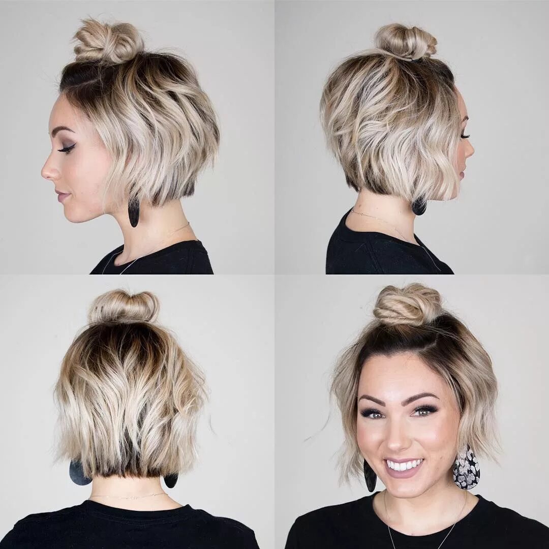 Повседневная прическа на каре Chloé Brown ♡ Short Hair on Instagram: "✨ Top Bun ✨ New hair tutorial is up on m