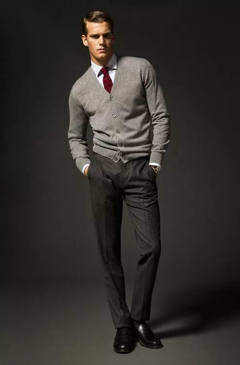 Повседневный классический стиль мужской Men's Grey Cardigan, White Dress Shirt, Black Vertical Striped Dress Pants, Blac