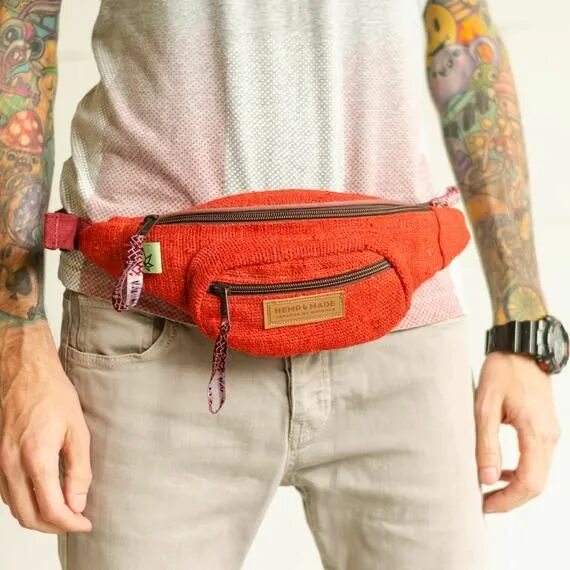 Поясная сумка фото Red Hemp Waist Bag Money belt Hip Bag Belt bag fanny pack, bum bag, festival bag