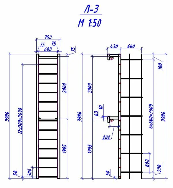 Пожарная лестница чертеж dwg Металлическая лестница с уголка 75 высотой 3.98м Металлические лестницы, Лестниц