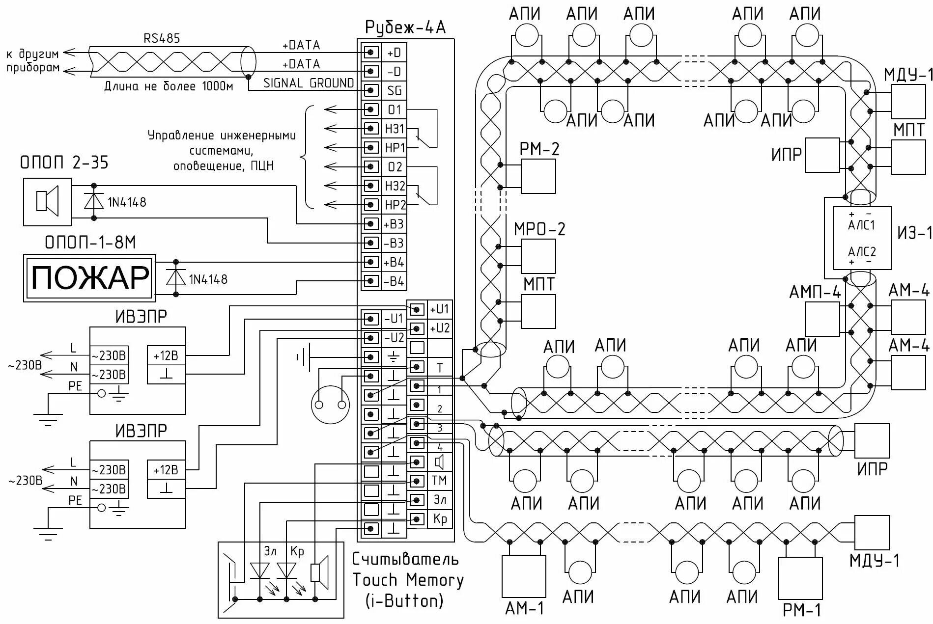 Пожарная система рубеж схема подключения Рубеж: ППКП 01149-4-1 РУБЕЖ-4А Прибор приемно-контрольный