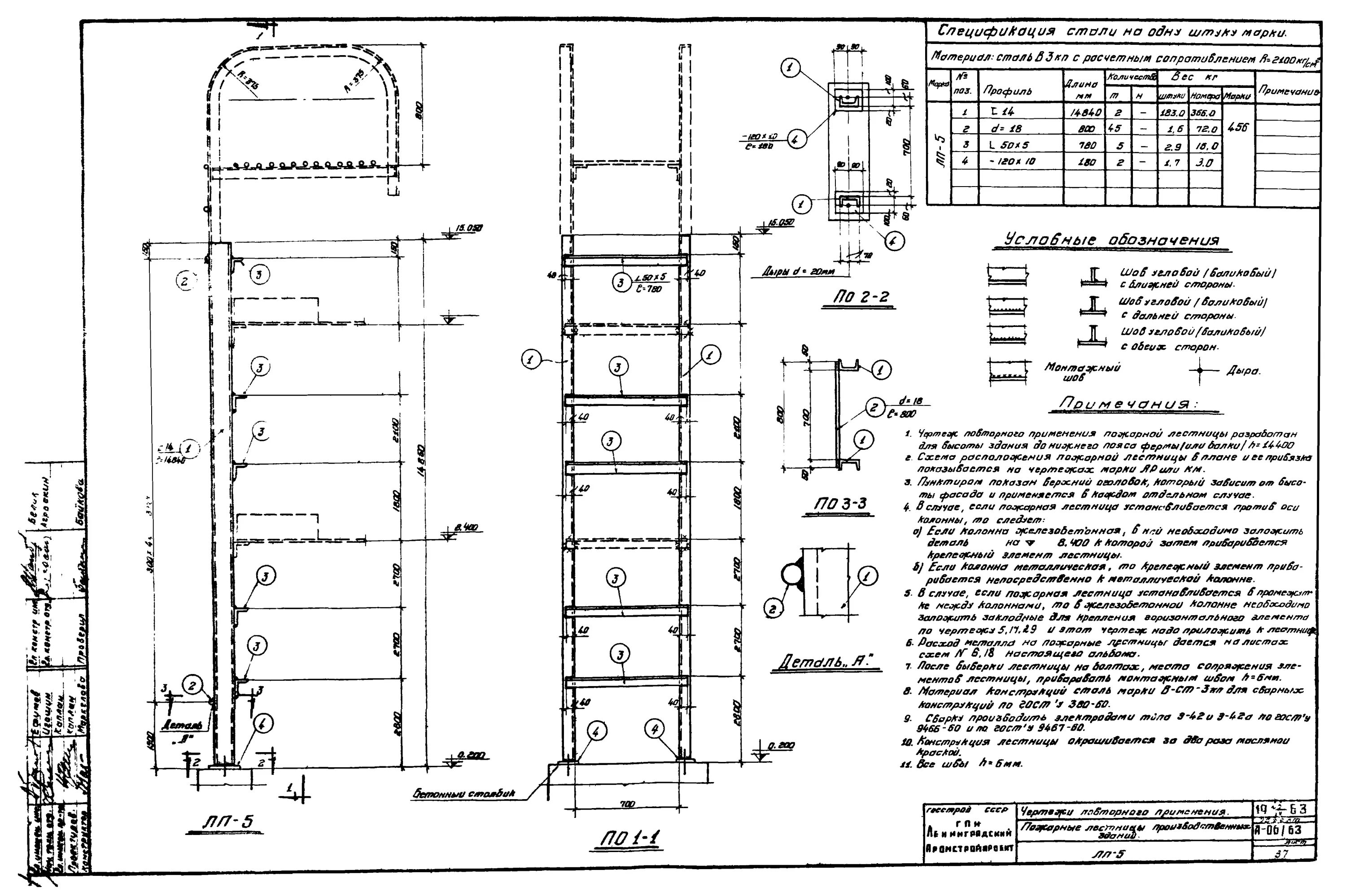 Пожарные лестницы вертикальные рабочие чертежи Скачать А-06/63 Выпуск 2. Чертежи повторного применения