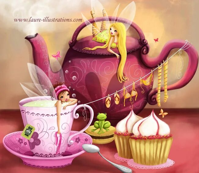 Пожелание доброго утра картинки сказочные красивые tea time chez les fées Ilustraciones y afiches, Dibujo de setas, Hadas