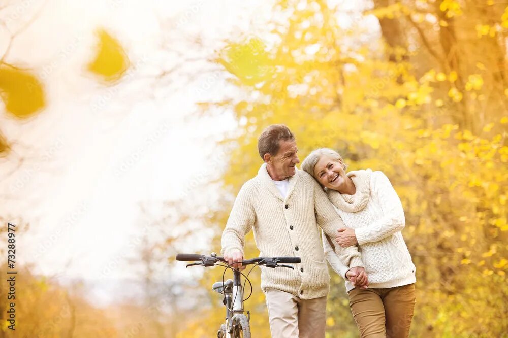 Пожилые люди осенью фото Senior couple with bicycle in autumn park Stock Photo Adobe Stock