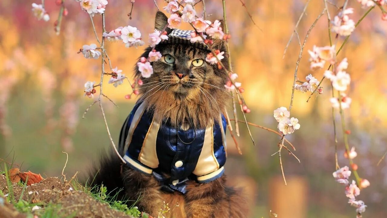 Позитивная весенняя картинка Wallpaper cat, furry, costume, branches, trees, flowers hd, picture, image