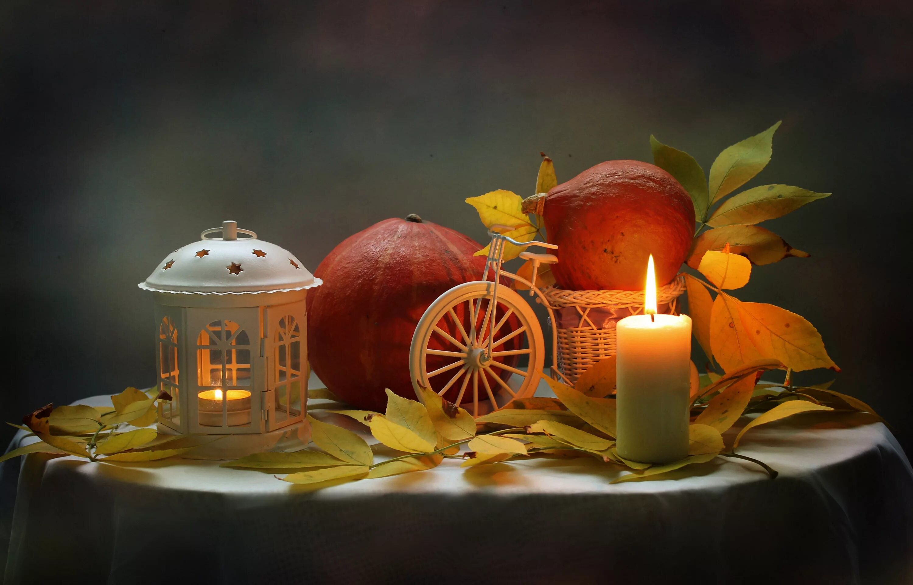 Позитивного осеннего вечера картинки Download wallpaper autumn, leaves, candle, flashlight, pumpkin, still life, sect