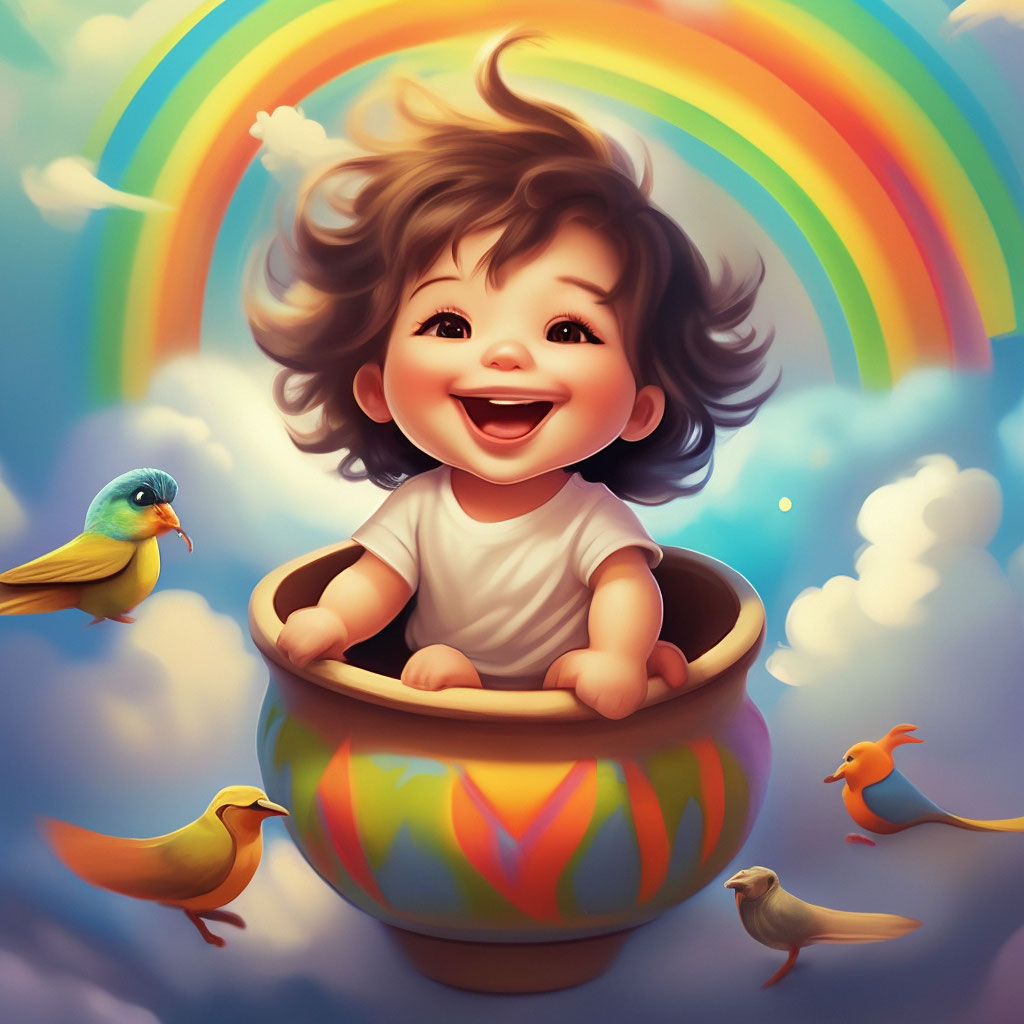 Позитивные детские картинки "Little happy baby laughing, big brown." - image created in Shedevrum