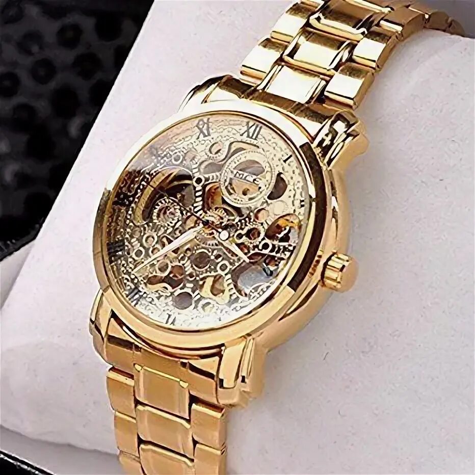 Позолоченные часы фото KitMax (TM) Rose Gold Plated Stainless Steel Skeleton Mechanical Business Watch 