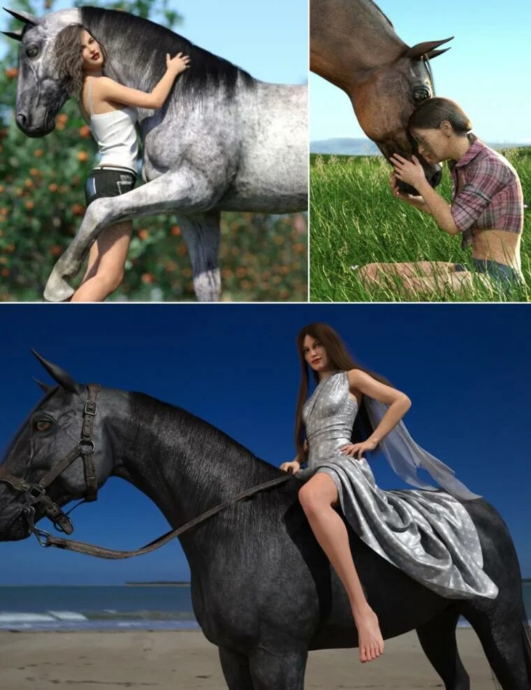 Позы для фото с лошадью Horse and Rider Poses and Dress for Genesis 8