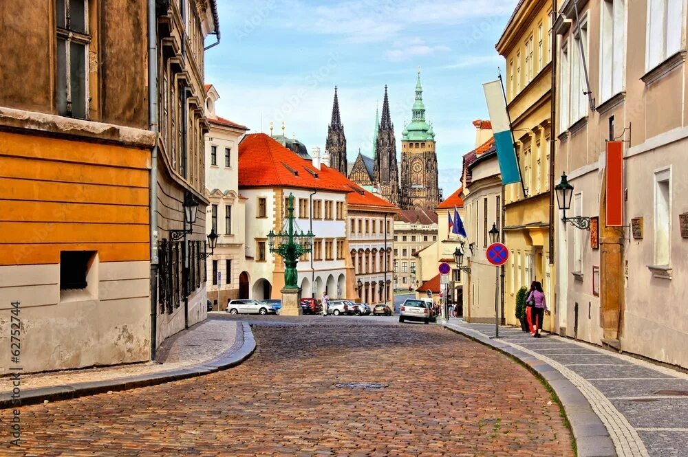 Прага ул советской армии 127 фото Street in the old town of Prague with St Vitus Cathedral фотография Stock Adobe 