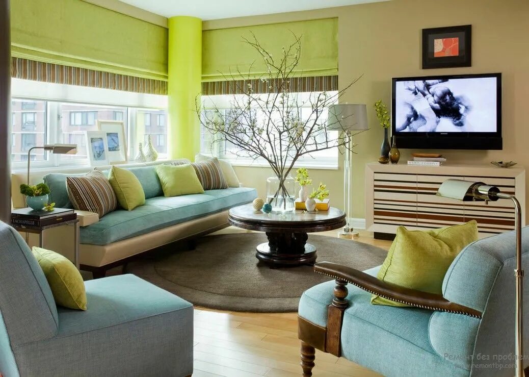 Правила трех цветов в интерьере Салатовый цвет в интерьере Blue and green living room, Living room color schemes