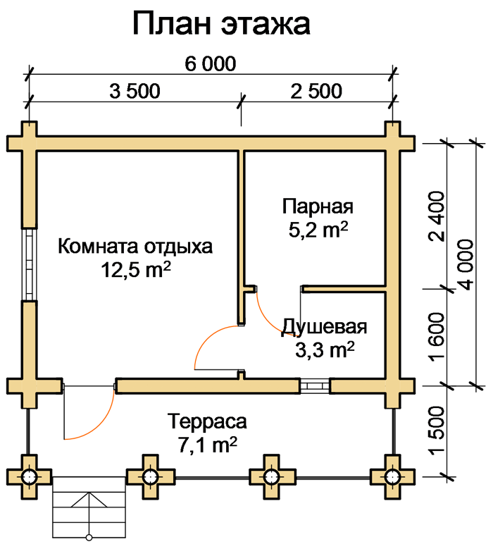 Правильная баня планировка Одноэтажная деревянная баня 24 м2 с террасой и комнатой отдыха заказать по цене 