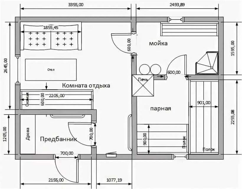 Правильная баня планировка План бани с комнатой отдыха, отдельной парилкой и мойкой