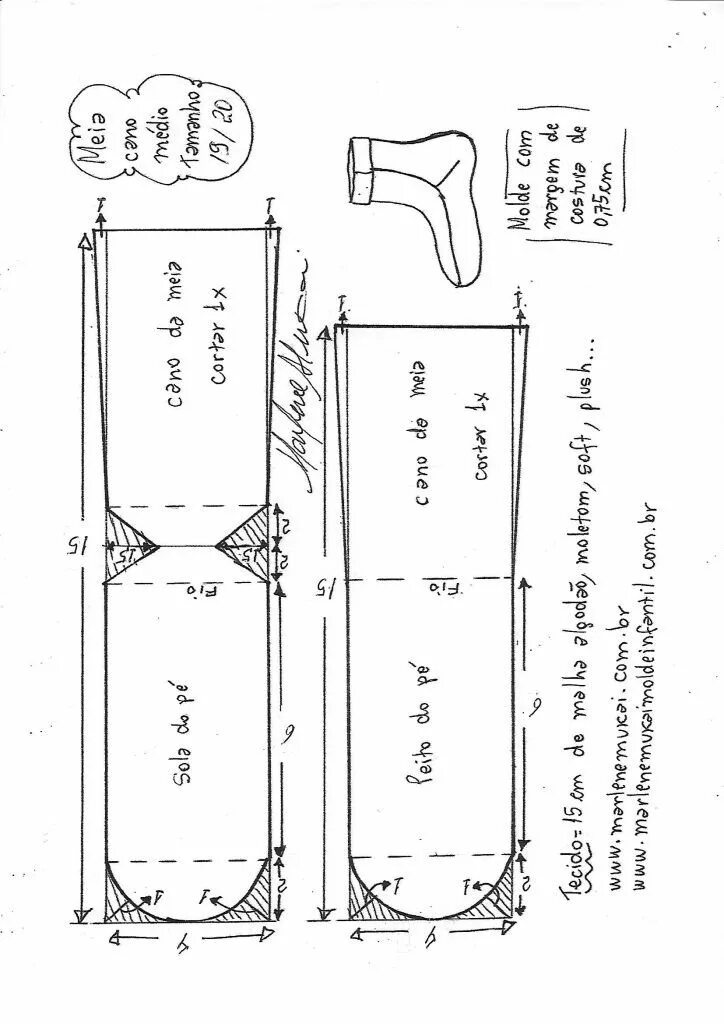 Правильная выкройка Molde e vídeo de meia cano médio - Marlene Mukai em 2020 Molde, Sapatos de feltr