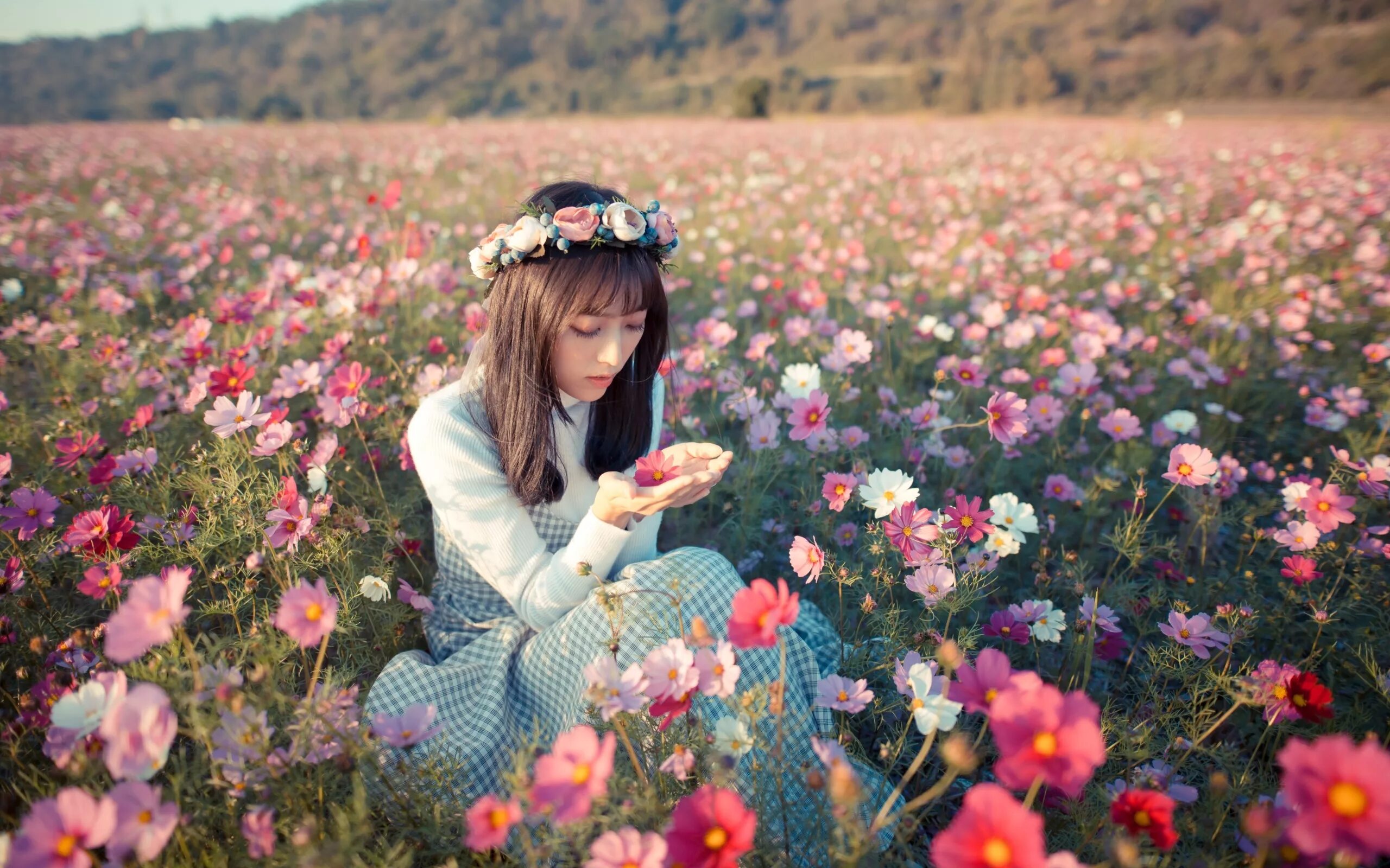 Правильное фото в цветах Wallpaper : flowers, field, Asian, women outdoors, plants 2560x1600 - WallpaperM