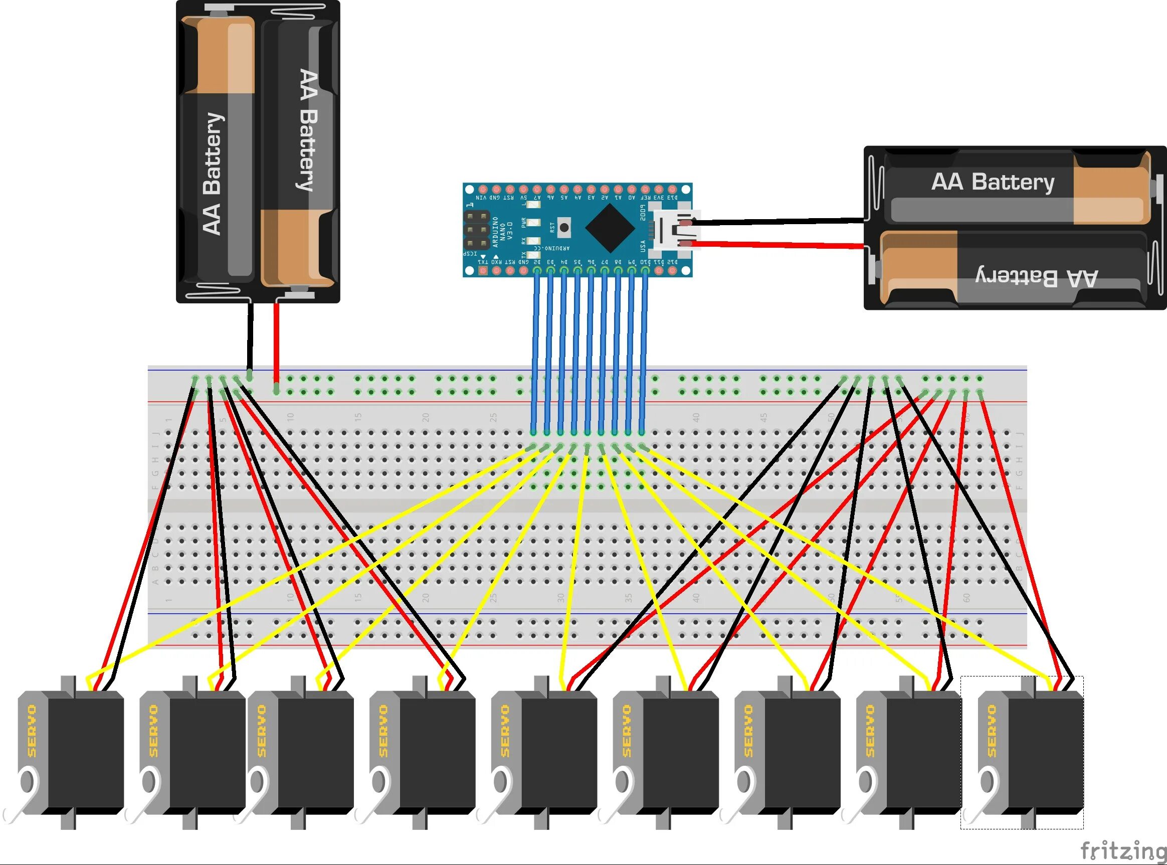 Правильное подключение 6 сервомоторов 9x servo on Arduino Nano? - Arduino Stack Exchange