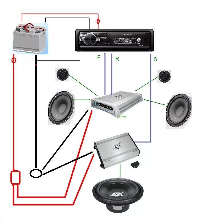 Правильное подключение колонок к усилителю Набросал схему новой системы - Lada Приора хэтчбек, 1,6 л, 2012 года автозвук DR