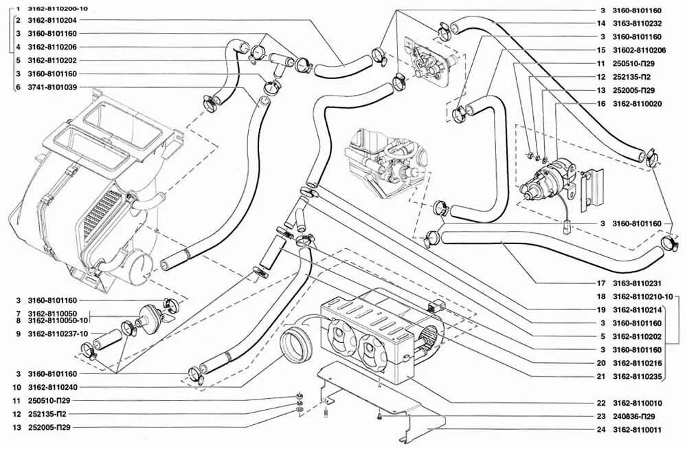Правильное подключение патрубков на печке уаз патриот Отопитель кузова задний УАЗ Patriot (Чертеж № 29: список деталей, стоимость запч