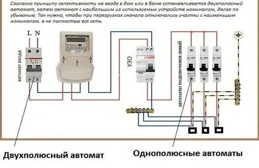 Правильное подключение счетчика электроэнергии и автоматов Схема подключения электросчетчика с двумя автоматами