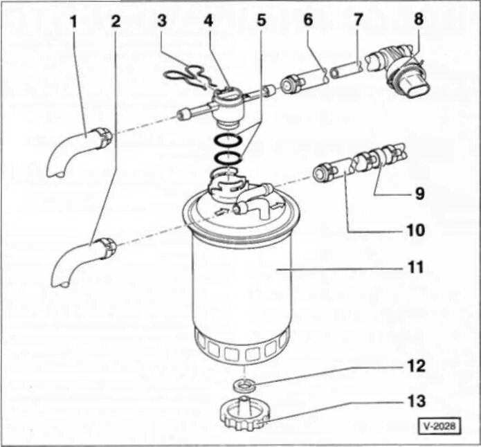 Правильное подключение топливного фильтра дизельного двигателя к9к Руководство по ремонту Volkswagen Polo (Фольксваген Поло) 2001-2005 г.в. 13.8. Т