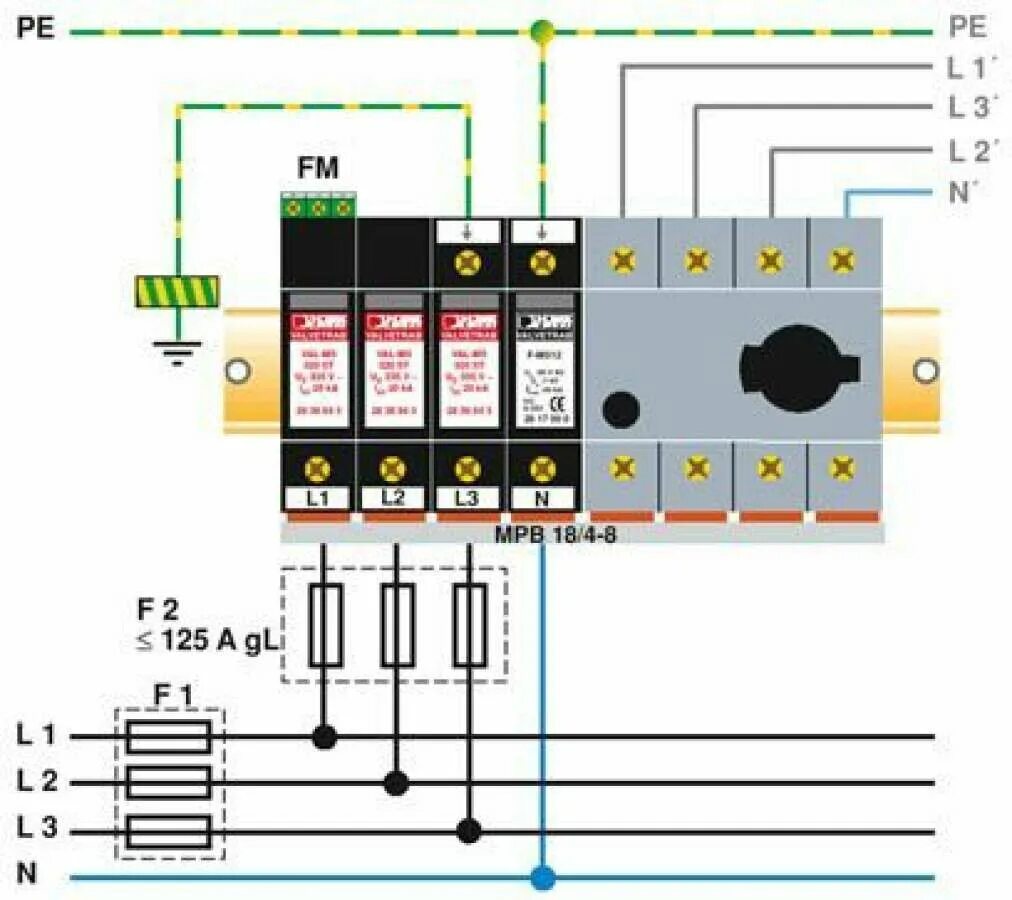 Правильное подключение узип PHOENIX CONTACT - VAL-MS 320/3+1/FM Разрядник для защиты от импульсных перенапря