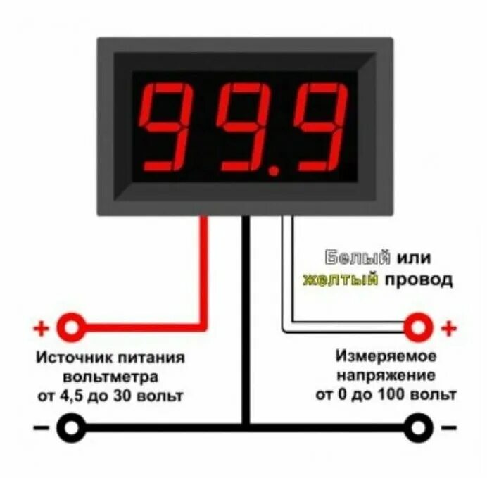 Правильное подключение вольтметра LED вольтметр 3-х разрядный 0-100V, 3-х проводной, с защитой, купить в Екатеринб