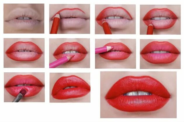 Правильный макияж губ Makeup Guide Lipstitck lip liner lip gloss Maquillage relooking, Maquillage débu