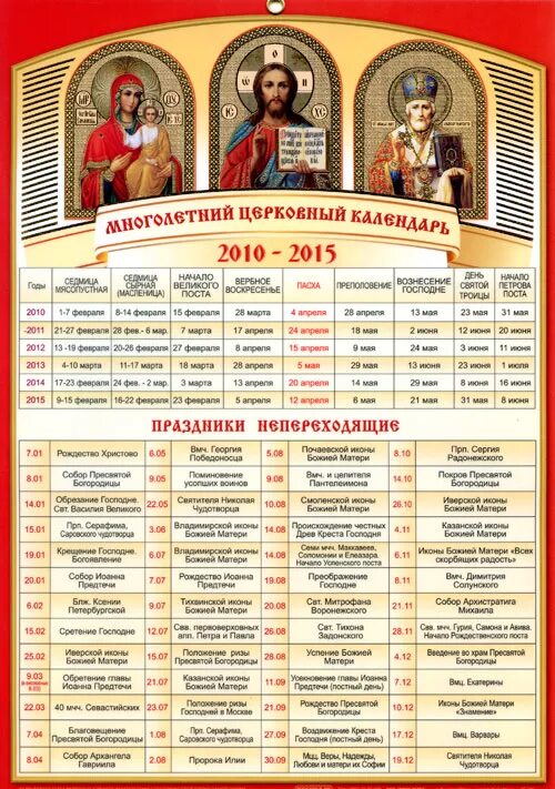 Православный календарь на 5 лет Многолетний церковный календарь - На 2010 - 2015 гг :: Православный интернет-маг