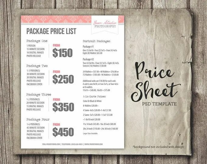 Прайс дизайн студии Wedding Photography Price Sheet Price List Template Etsy