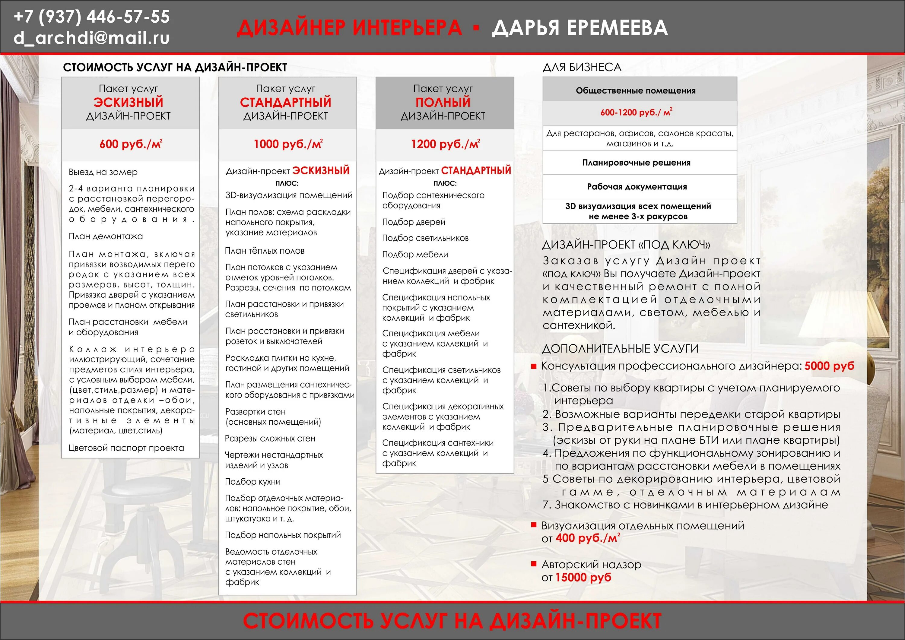 Прайс лист дизайнера интерьера Пакет услуг дизайнера интерьеров - Дом Мебели.ру