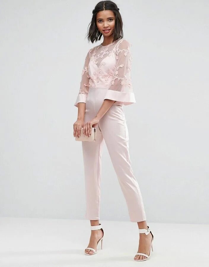 Праздничные костюмы фото ASOS Jumpsuit with Lace Bodice and Contrast Satin Pant Wedding guest pants, Jump