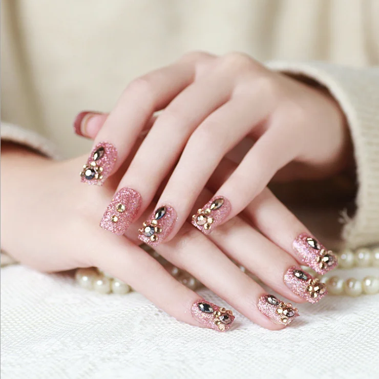 Праздничные ногти фото 24pcs/ Pink Glitter Designs Square Head False Nails Artificial Press On Nail Ful