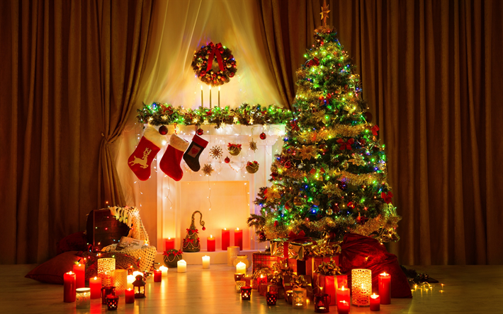 Праздничные новогодние фото Download wallpapers Christmas, stones, evening, New Year, Christmas tree, candle