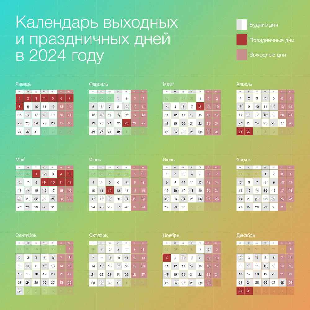 Праздничный календарь на 2024 официальные выходные Выходные дни в 2024 году: Минтруд опубликовал календарь нерабочих дней