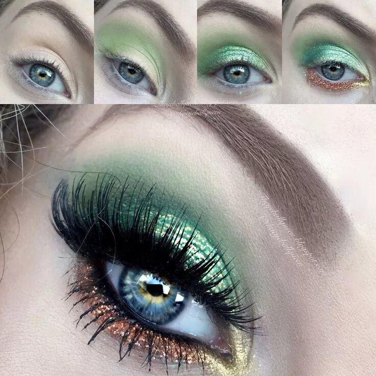 Праздничный макияж зеленых глаз Saint Patricks Day Makeup, Green Eyeshadow, Green Makeup, Green Smokey Eye, Glit