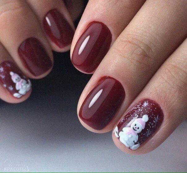 Праздничный маникюр на коротких Beautiful maroon nails, Christmas manicure on short nails, Maroon nails, Maroon 