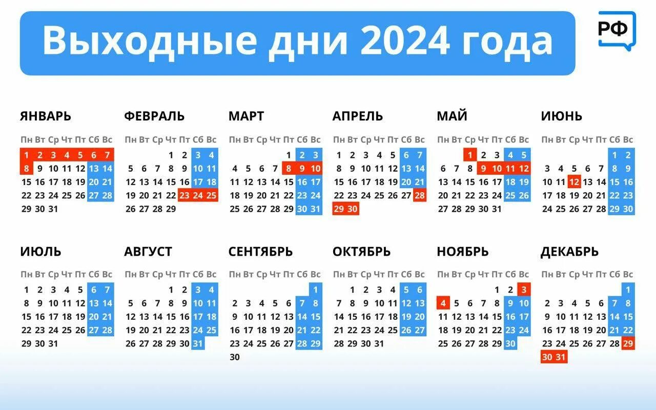 Праздничный производственный календарь на 2024 год Правительство России утвердило список праздничных и выходных дней на 2024 год - 