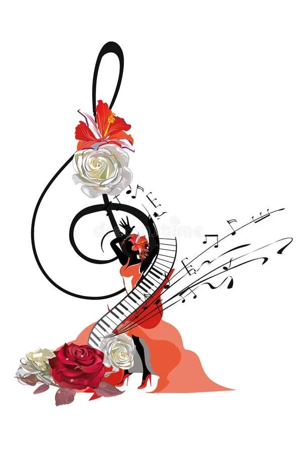 Праздничный скрипичный ключ фото Abstract Treble Clef Decorated with a Salsa Dancer and Roses. Stock Vector - Ill