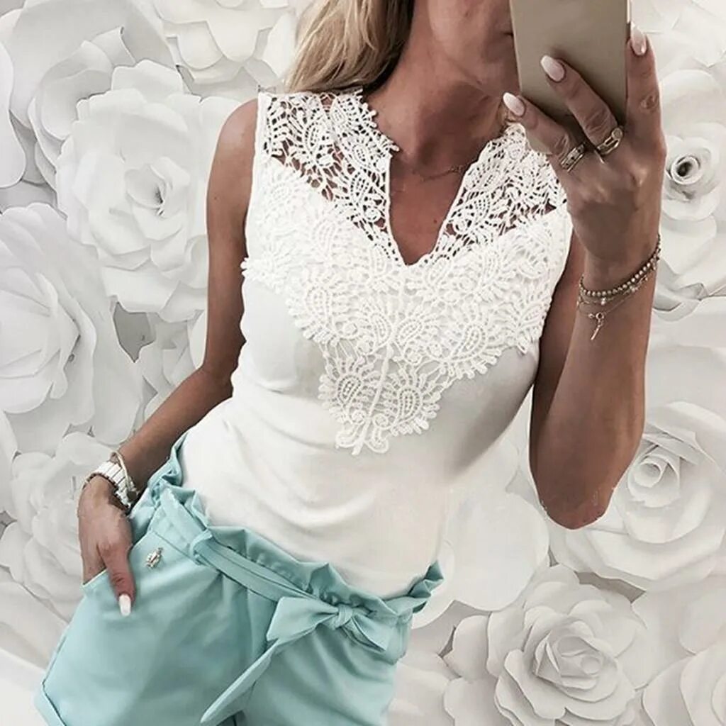 Праздничный топ фото Leonard-Fashion Women Solid Lace Sleeveless Patchwork V-Neck Shirt Tank Vest Blo