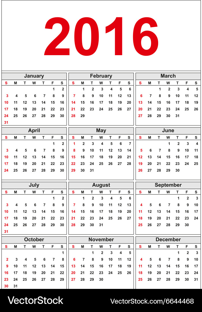 Праздник календарь 2016 Simple calendar 2016 week starts on sunday Vector Image